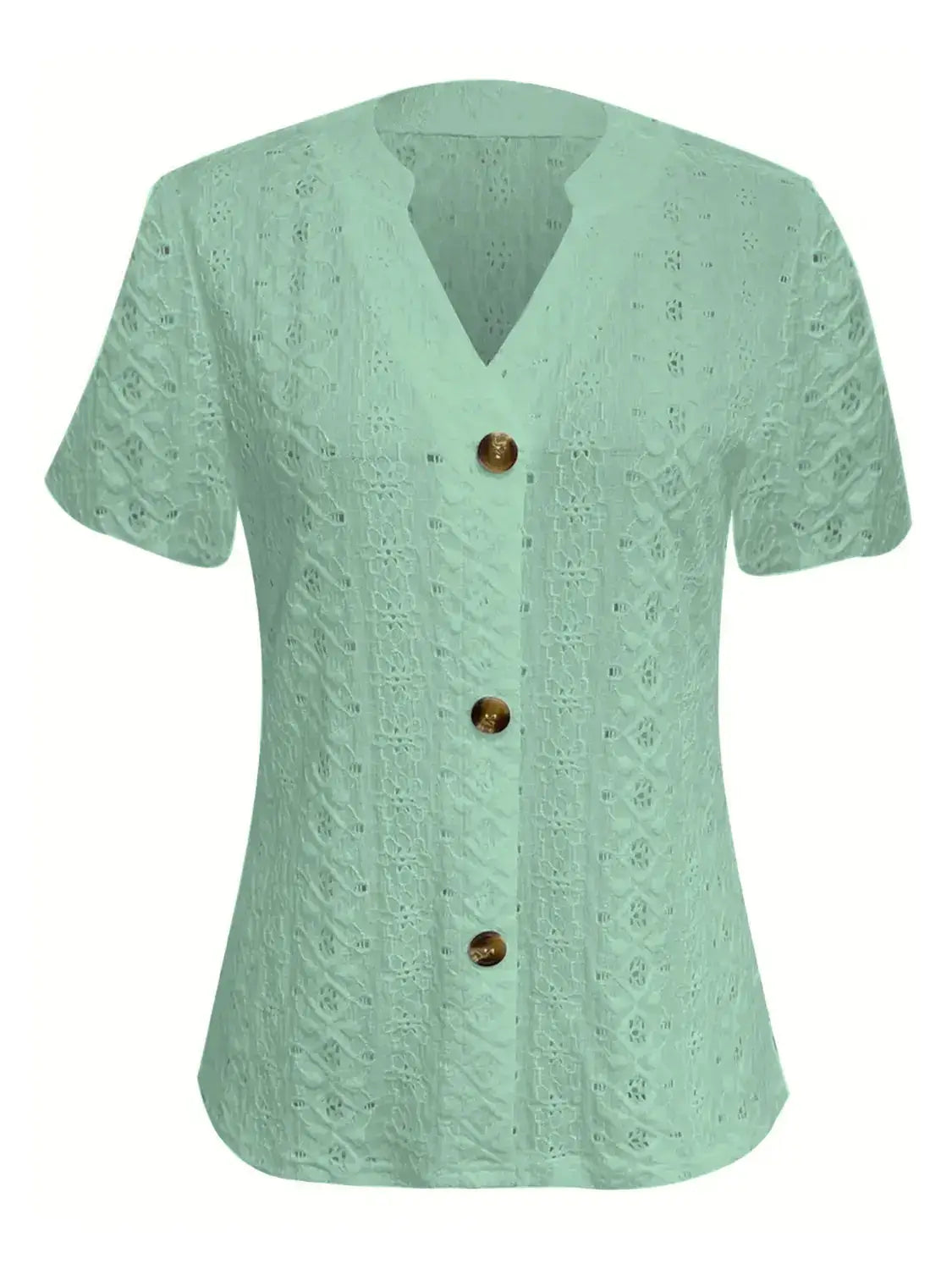 Openwork Notched Short Sleeve Top - Clothes For Her Online Store