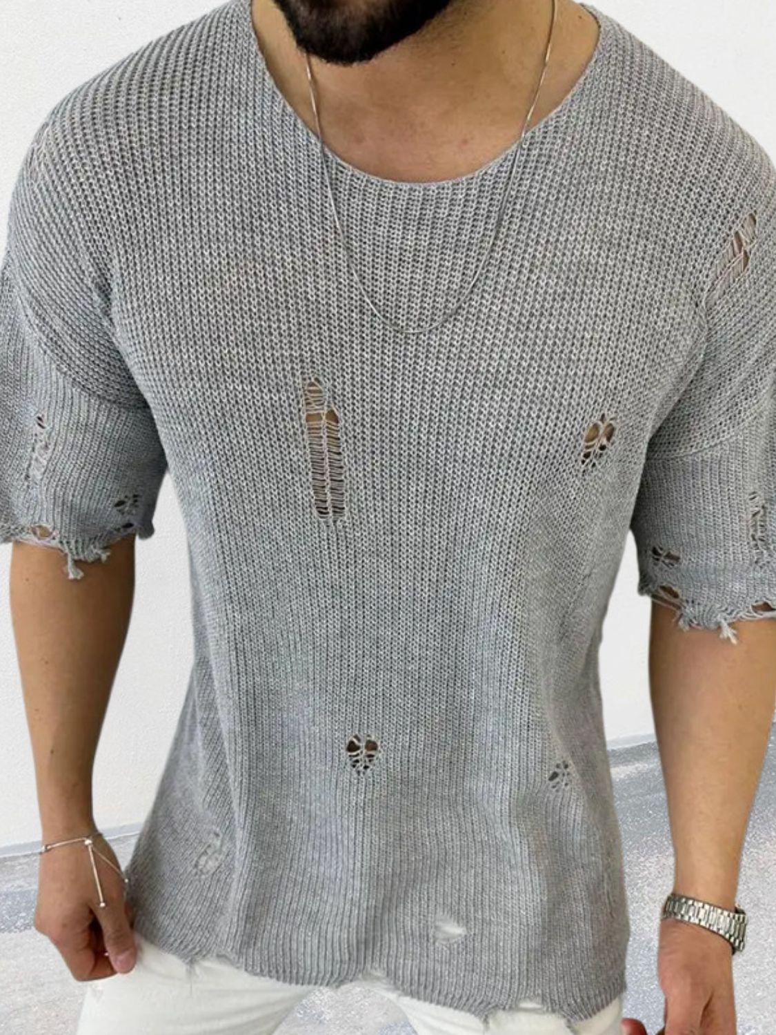 Men's Distressed Round Neck Knit Top - Clothes For Her Online Store