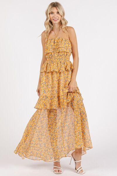 Mittoshop Ruffled Smocked Floral Halter Neck Maxi Dress - Clothes For Her Online Store