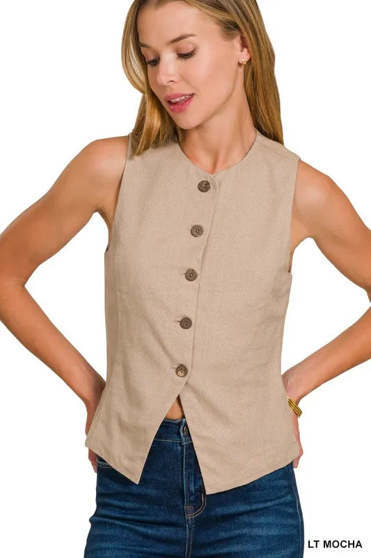 Zenana Linen Button Down Vest