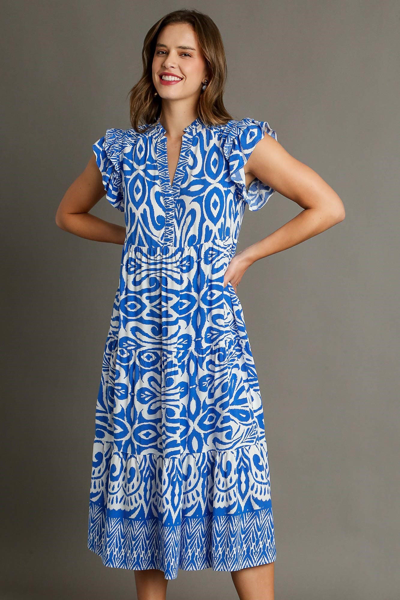 Umgee Full Size Two Tone Border Print Ruffle Cap Sleeve Midi Dress Plus Size - Clothes For Her Online Store