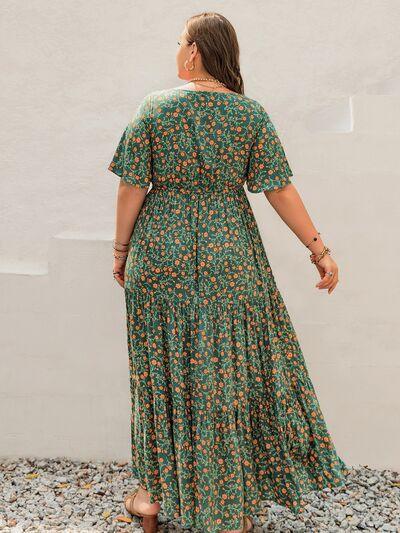 Plus Size Printed Short Sleeve Tiered Maxi Dress - Clothes For Her Online Store