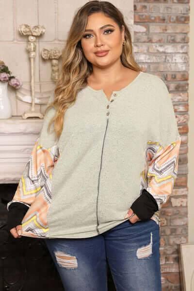 Plus Size Exposed Seam Print Long Sleeve T-Shirt - Clothes For Her Online Store