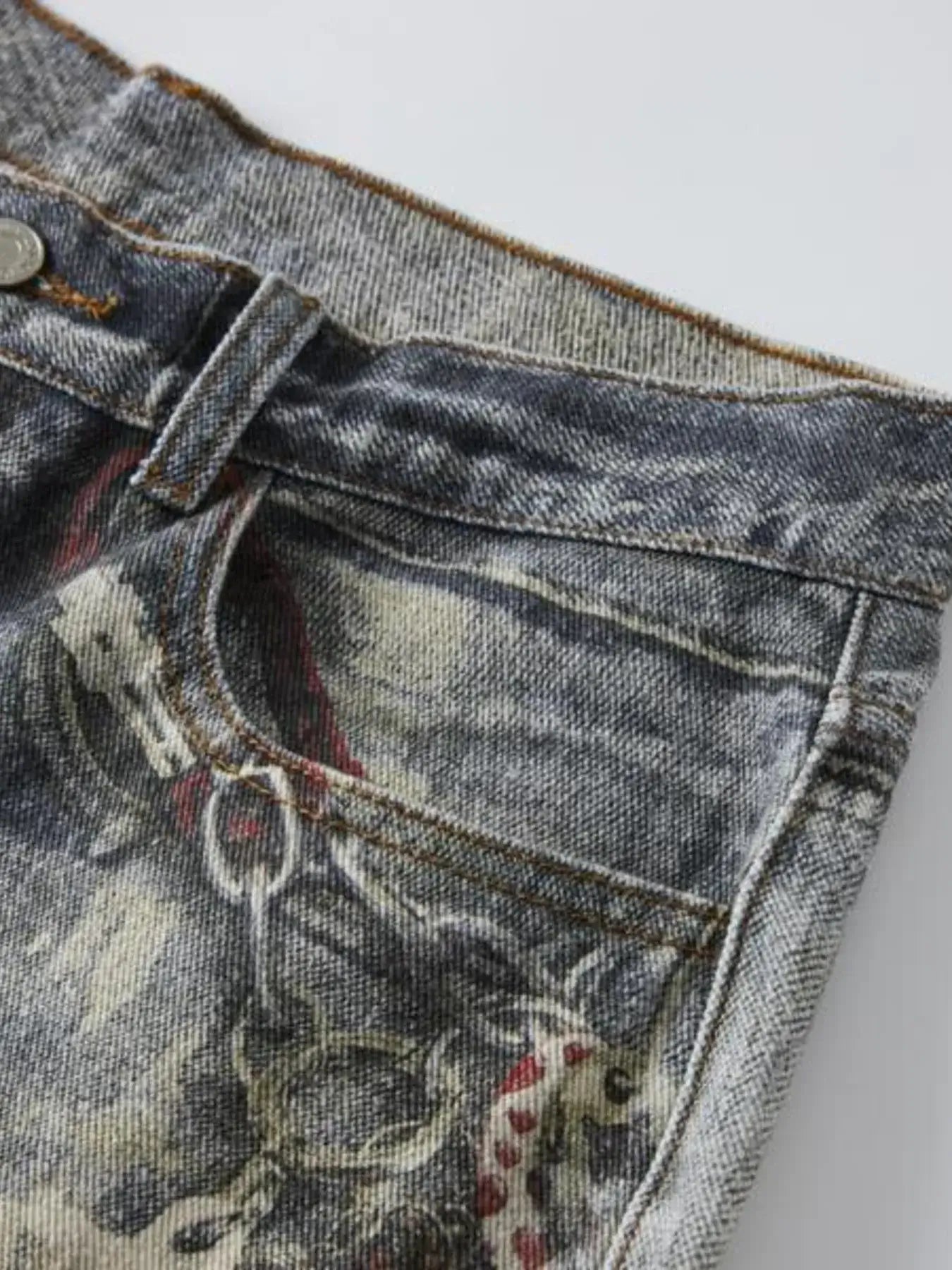 Men's Distressed Printed Wide Leg Jeans
