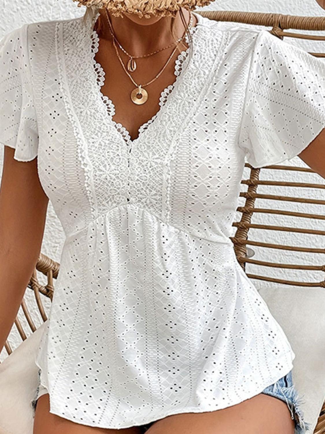 Eyelet Lace Detail V-Neck Short Sleeve Blouse - Clothes For Her Online Store