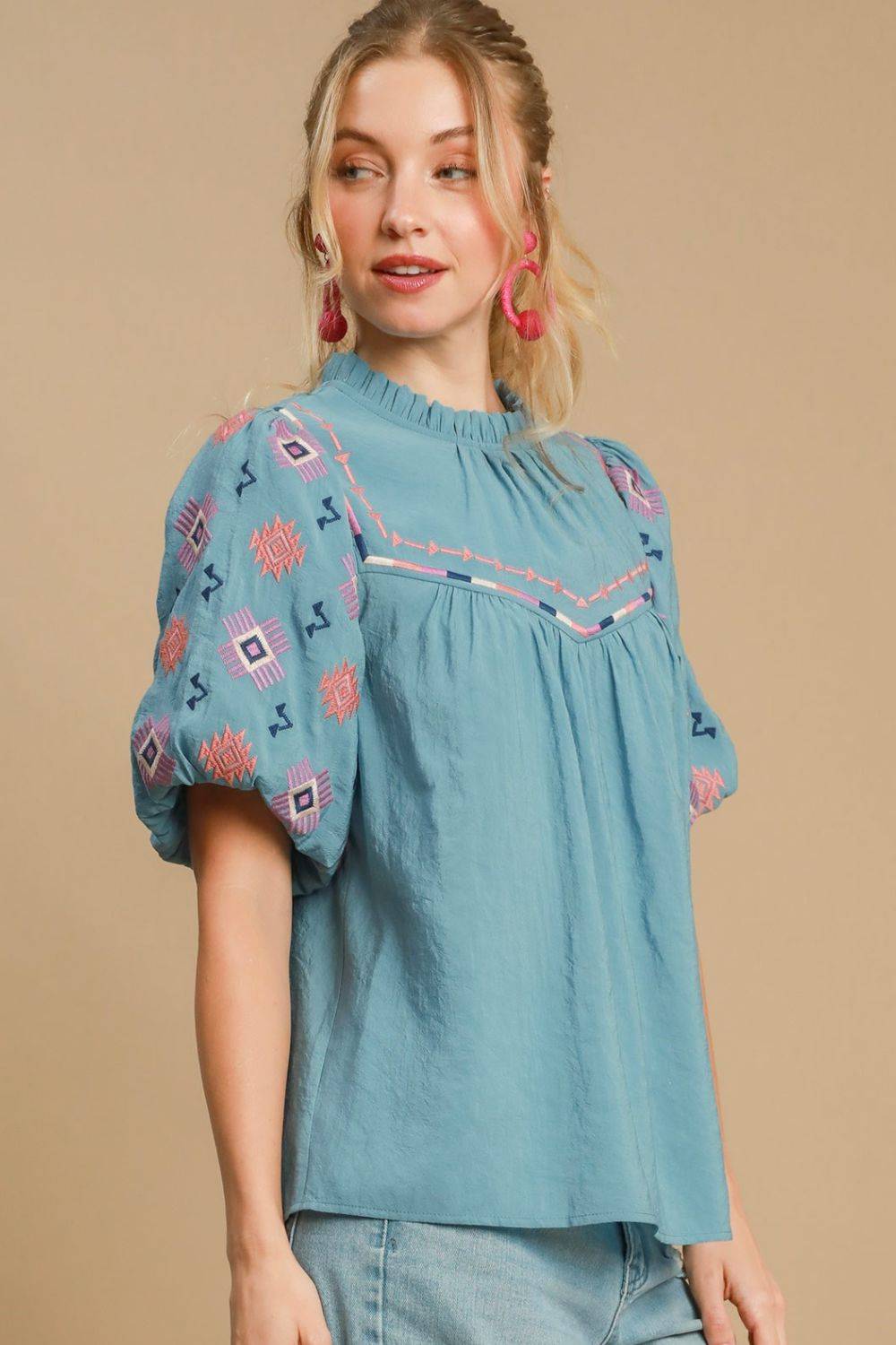 Umgee Full Size Embroidered Puff Sleeve Mock Neck Top Plus Size - Clothes For Her Online Store