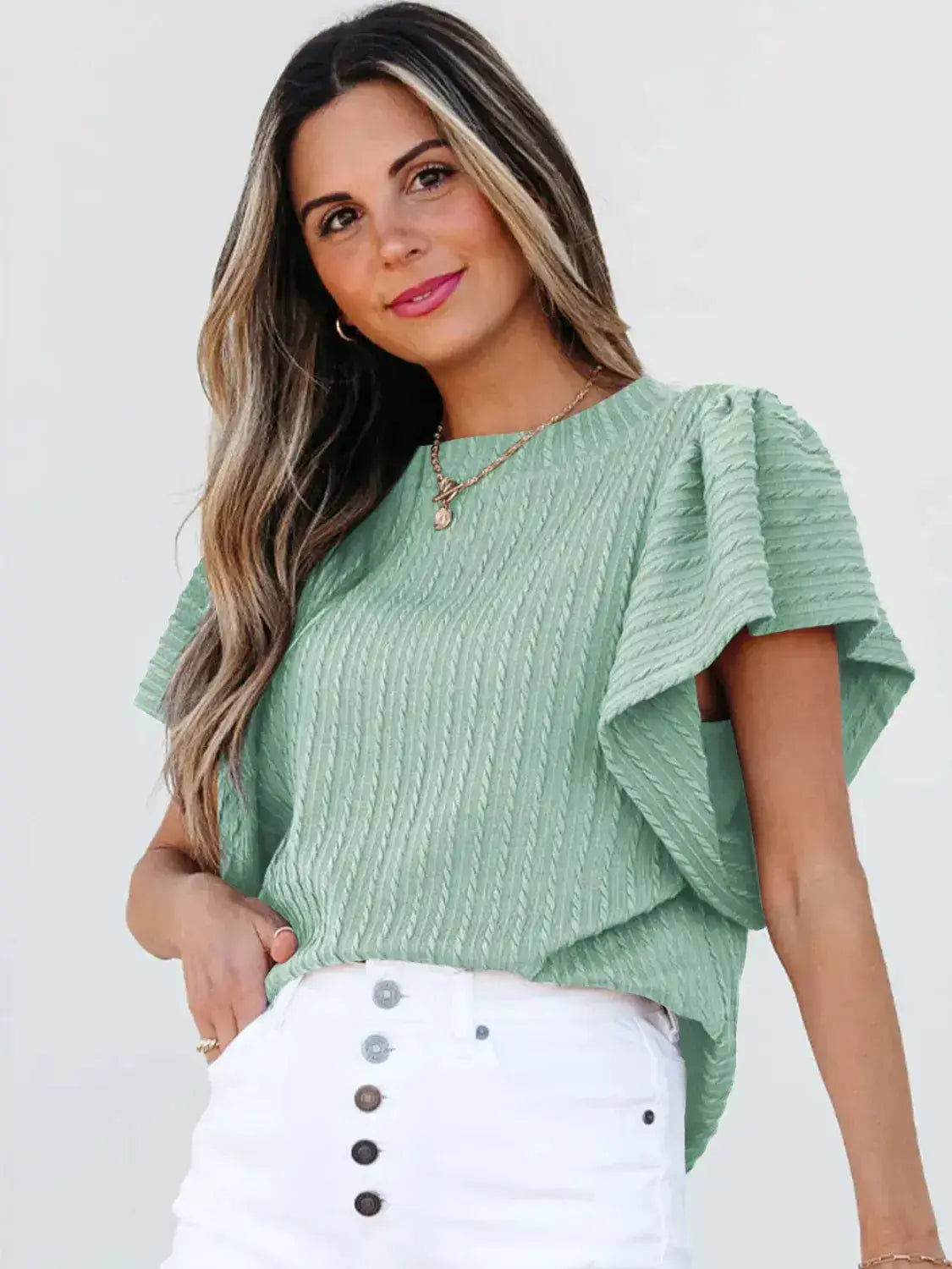 Round Neck Ruffle Sleeve Top - Clothes For Her Online Store