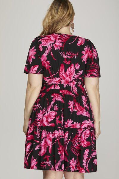 She + Sky Full Size Printed Notched Short Sleeve Frill Tiered Dress Plus Size - Clothes For Her Online Store