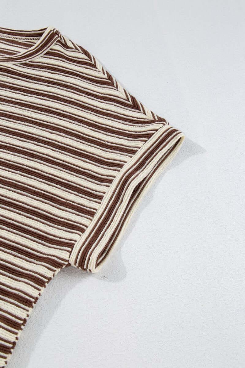 Stripe Textured Side Slit Crew Neck T-Shirt - Clothes For Her Online Store