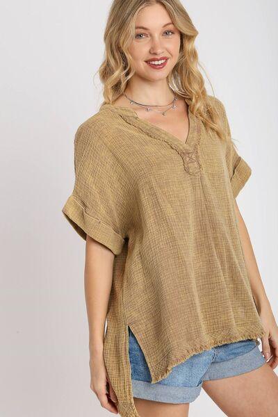 Umgee Full Size Side Slit Notched Mineral Wash Gauze Fabric Top Plus Size - Clothes For Her Online Store