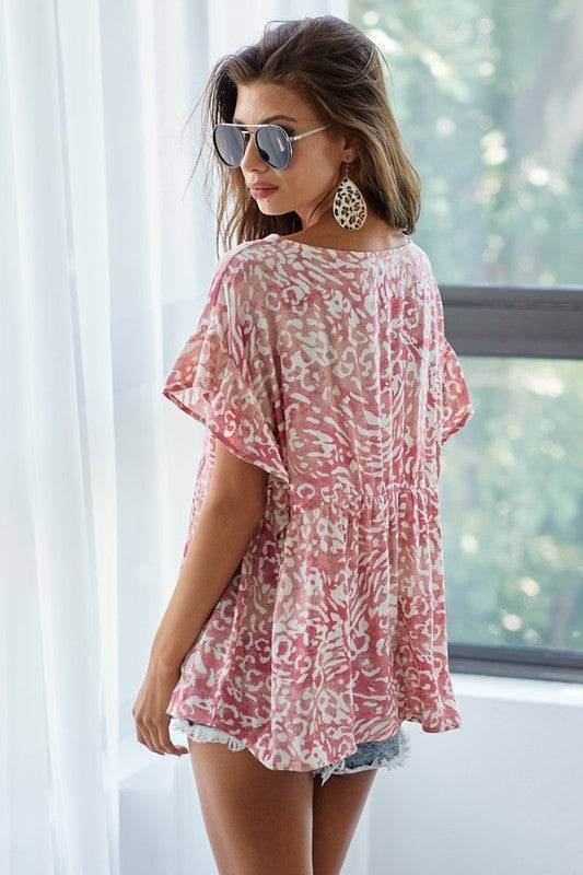 BiBi Leopard Print Gauze Woven Flutter Sleeve Blouse - Clothes For Her Online Store