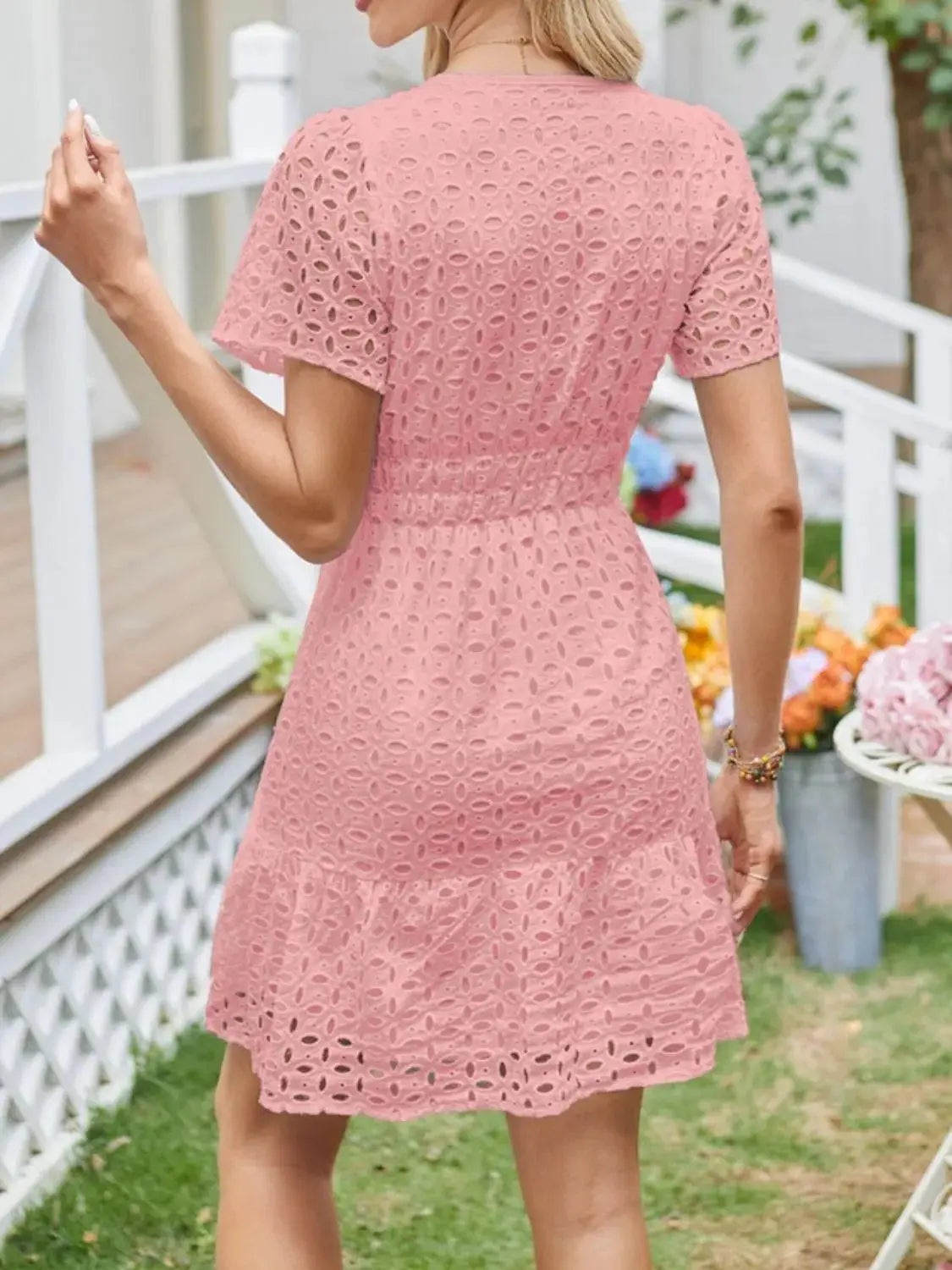 Eyelet Notched Short Sleeve Dress - Clothes For Her Online Store