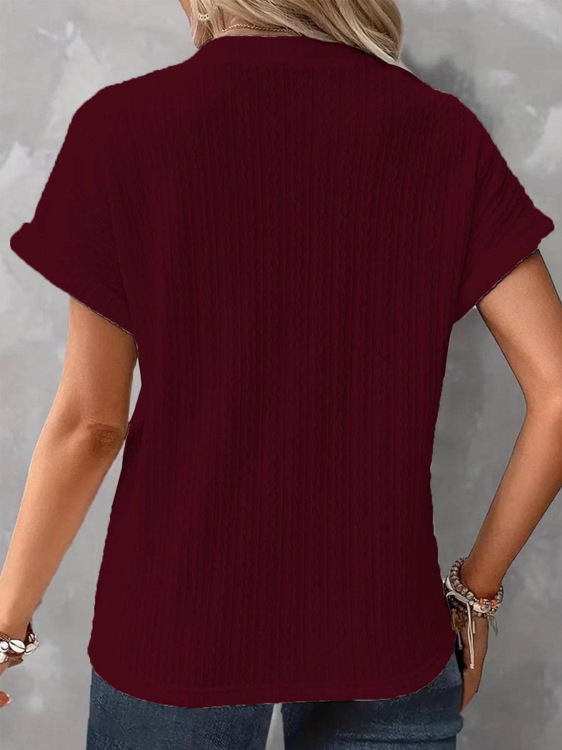 Textured Notched Short Sleeve Top - Clothes For Her Online Store