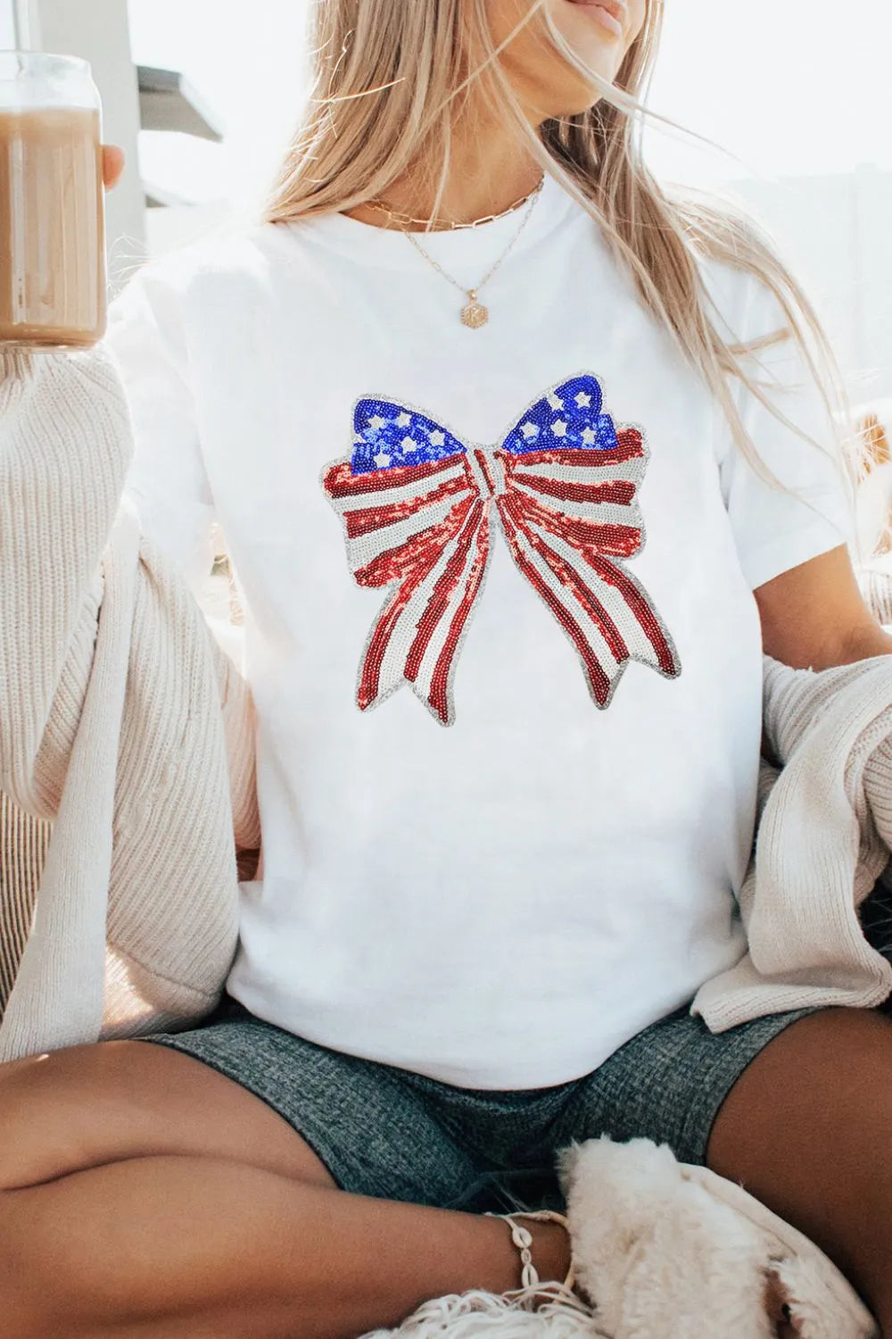 USA Flag Bow Knot Patched Crew Neck T Shirt