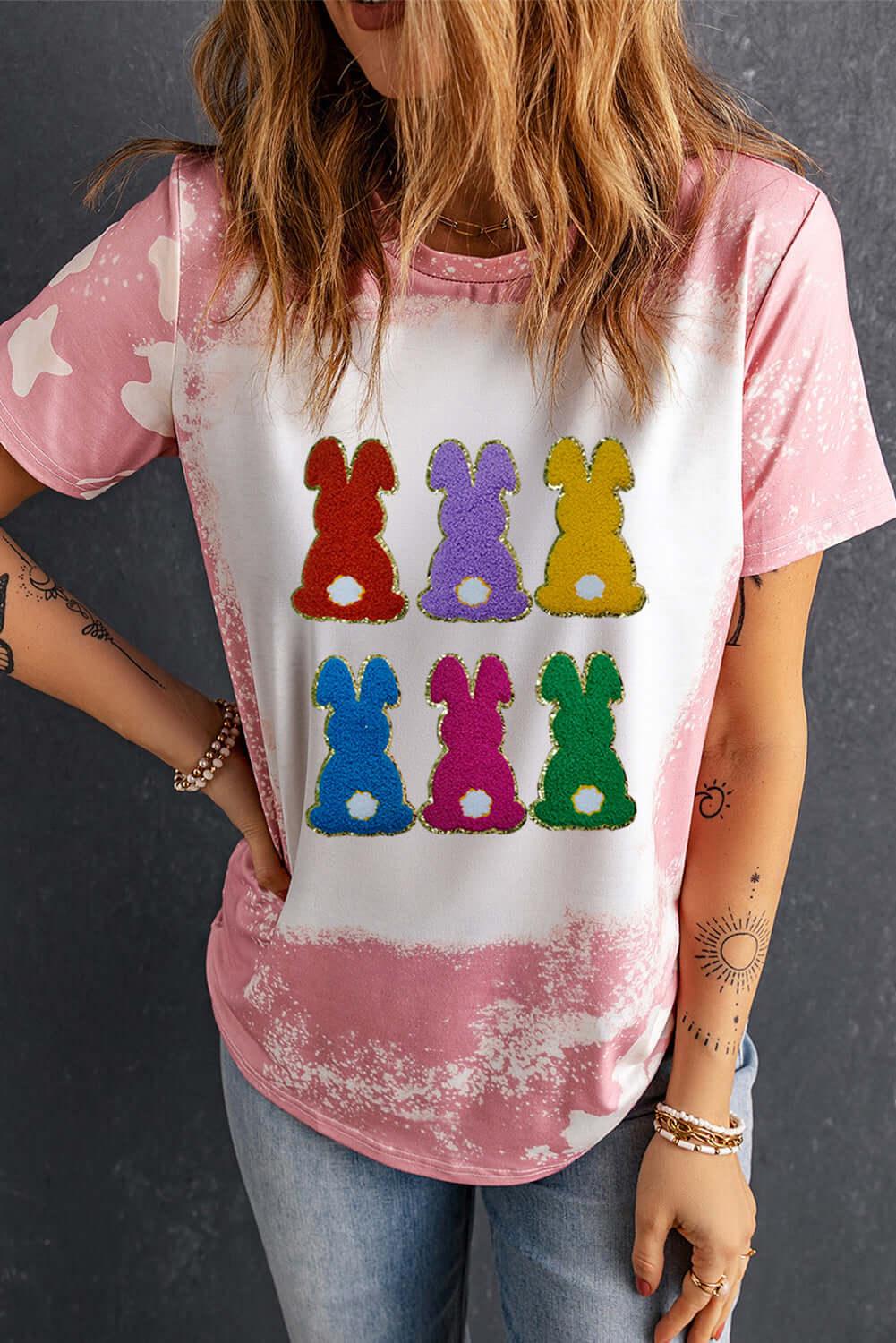 Rabbit Round Neck Short Sleeve T-Shirt - Clothes For Her Online Store