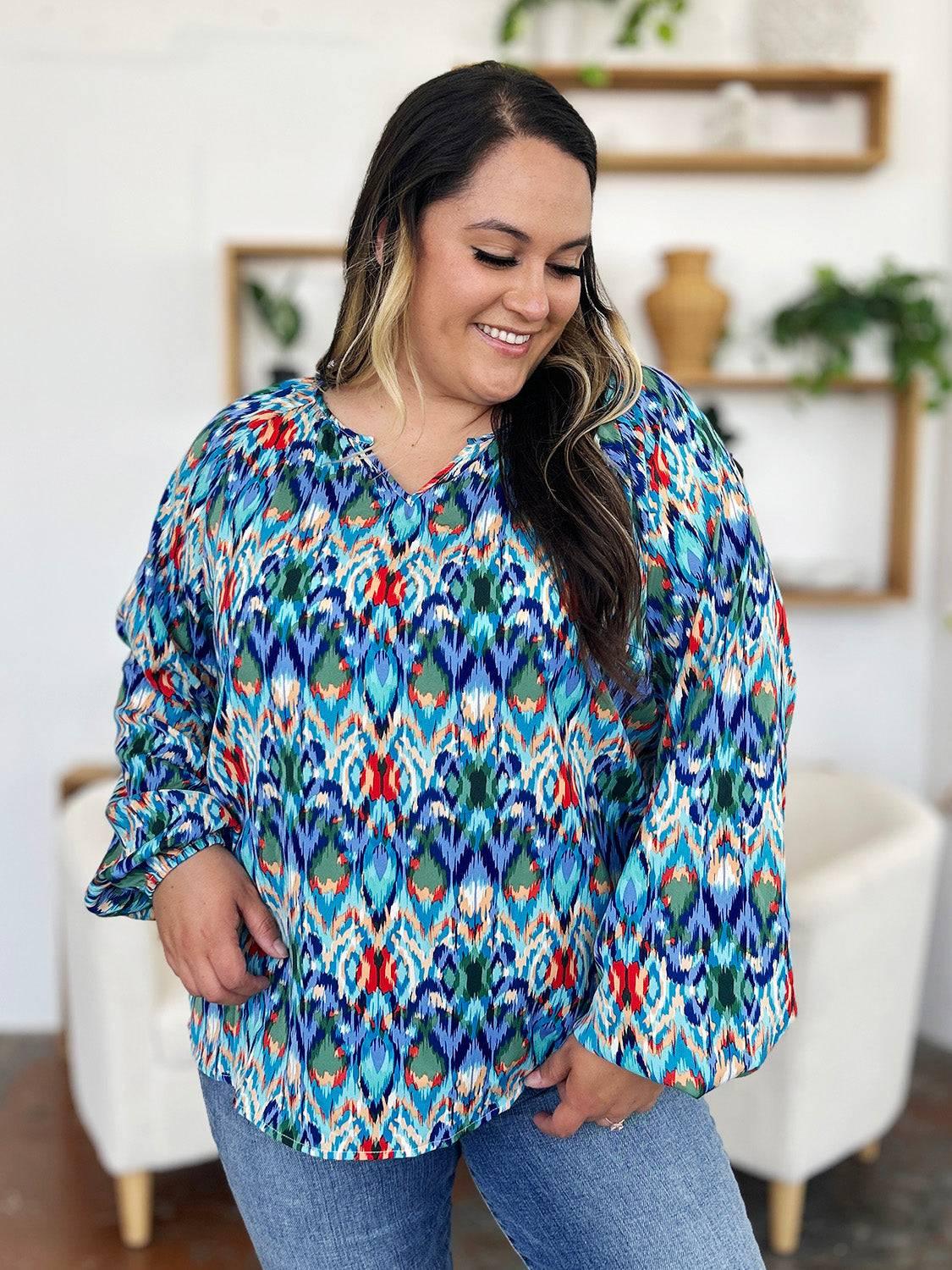 Double Take Full Size Printed Balloon Sleeve Blouse - Clothes For Her Online Store