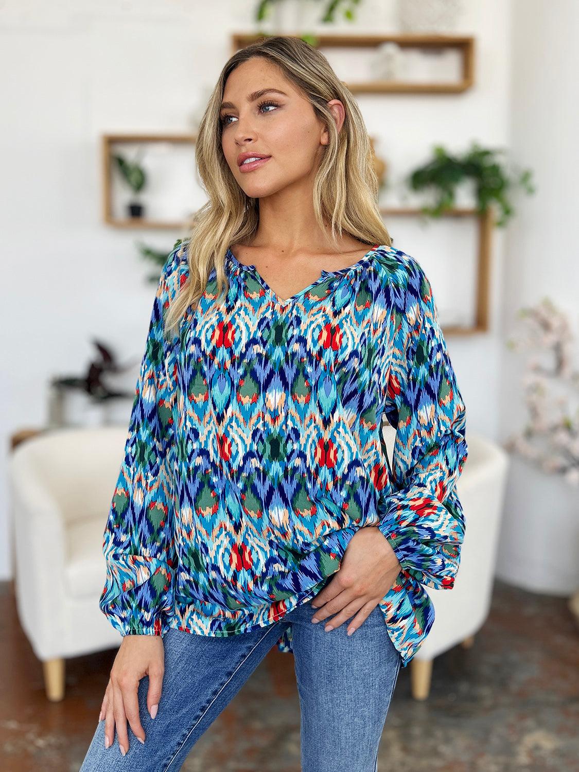 Double Take Full Size Printed Balloon Sleeve Blouse - Clothes For Her Online Store