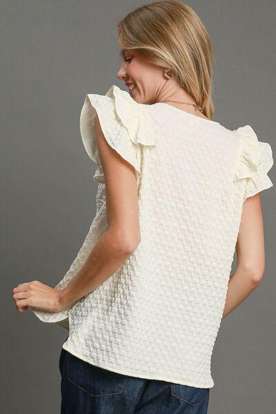 Umgee Full Size Textured Jacquard V-Neck Ruffle Cap Sleeve Blouse Plus Size - Clothes For Her Online Store
