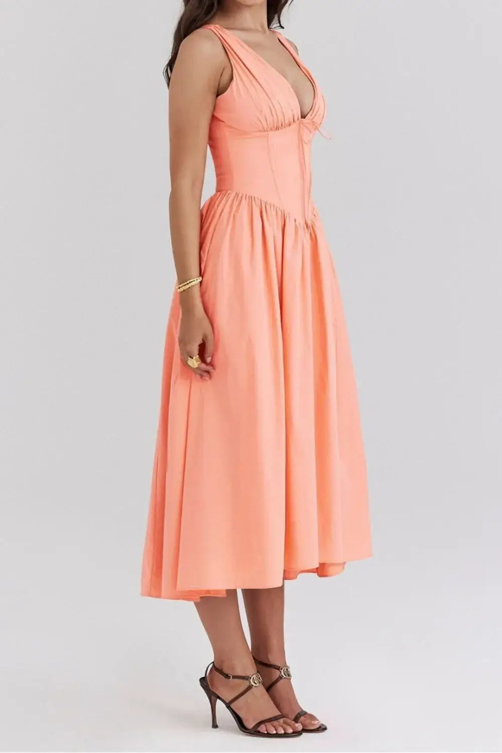 Ruched V-Neck Sleeveless Dress with Pockets