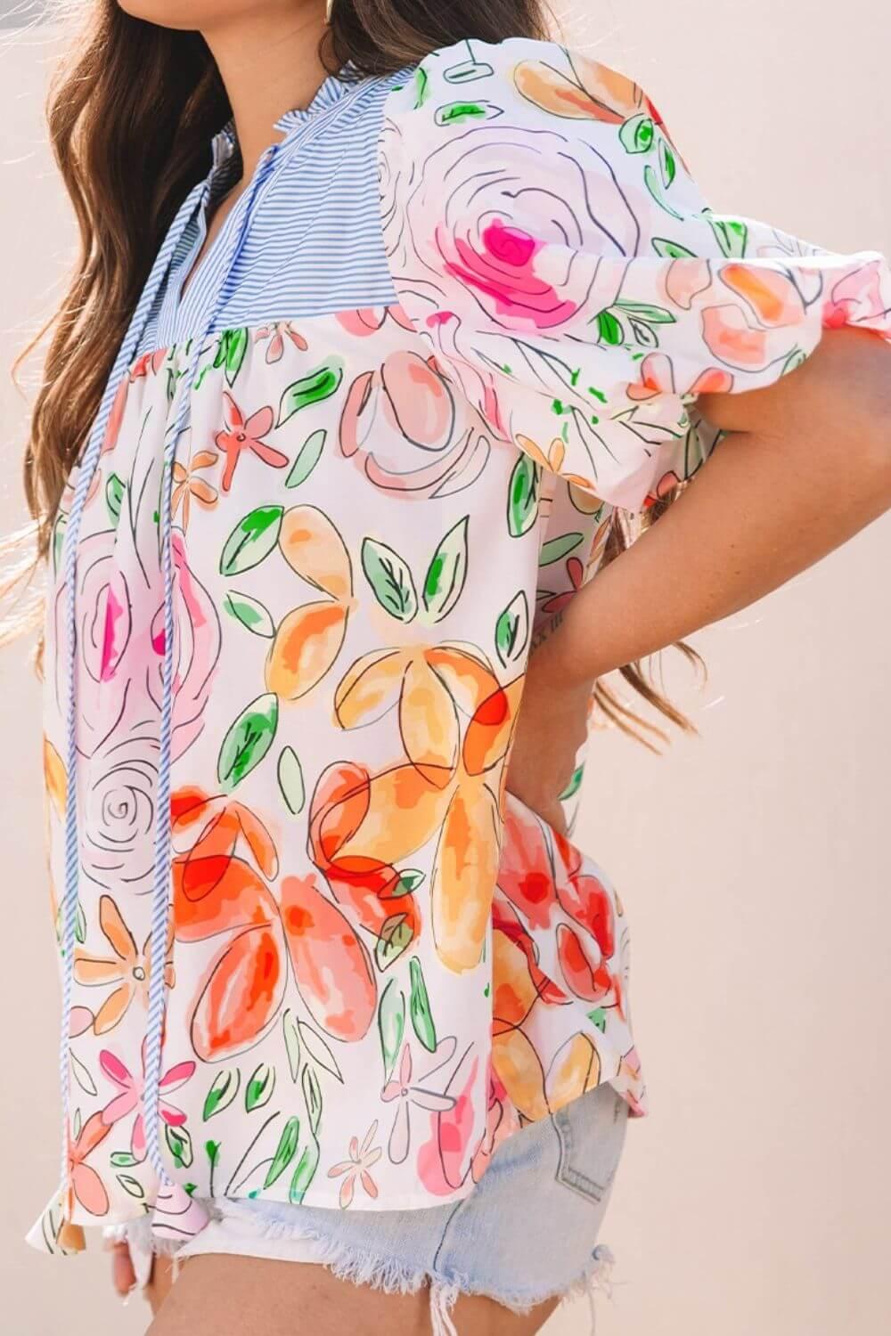 Floral Striped Yoke Frilled Tie Neck Puff Short Sleeve Blouse - Clothes For Her Online Store