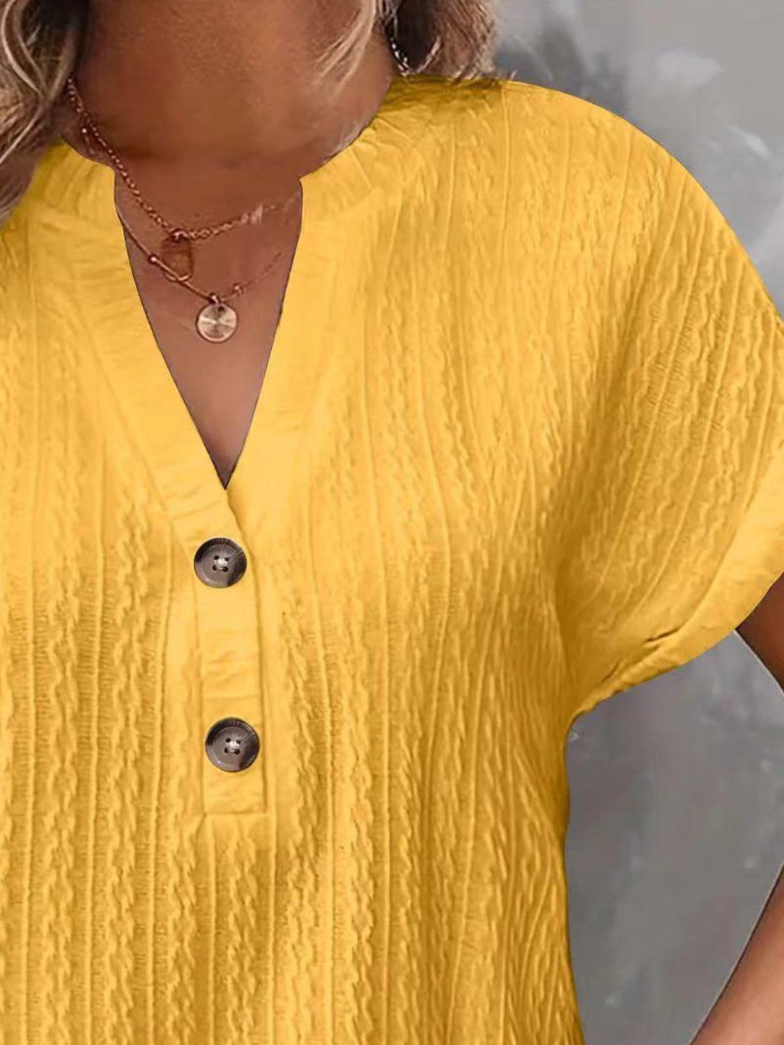 Textured Notched Short Sleeve Top - Clothes For Her Online Store