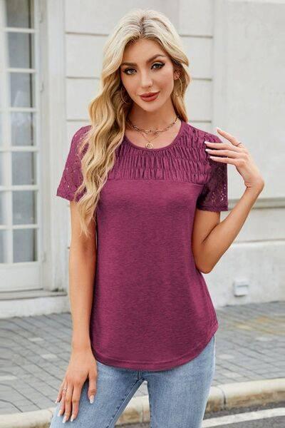 Smocked Round Neck Short Sleeve T-Shirt - Clothes For Her Online Store