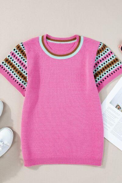 Contrast Short Sleeves Round Neck Sweater - Clothes For Her Online Store