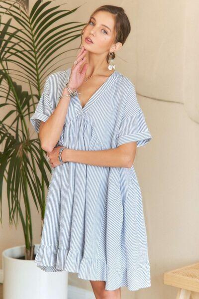 ADORA Ruffled Hem Striped V-Neck Babydoll Dress - Clothes For Her Online Store