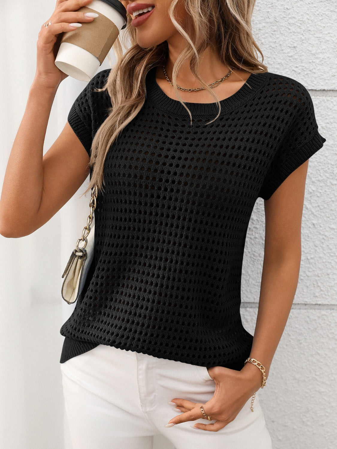Openwork Round Neck Short Sleeve Knit Cover Up