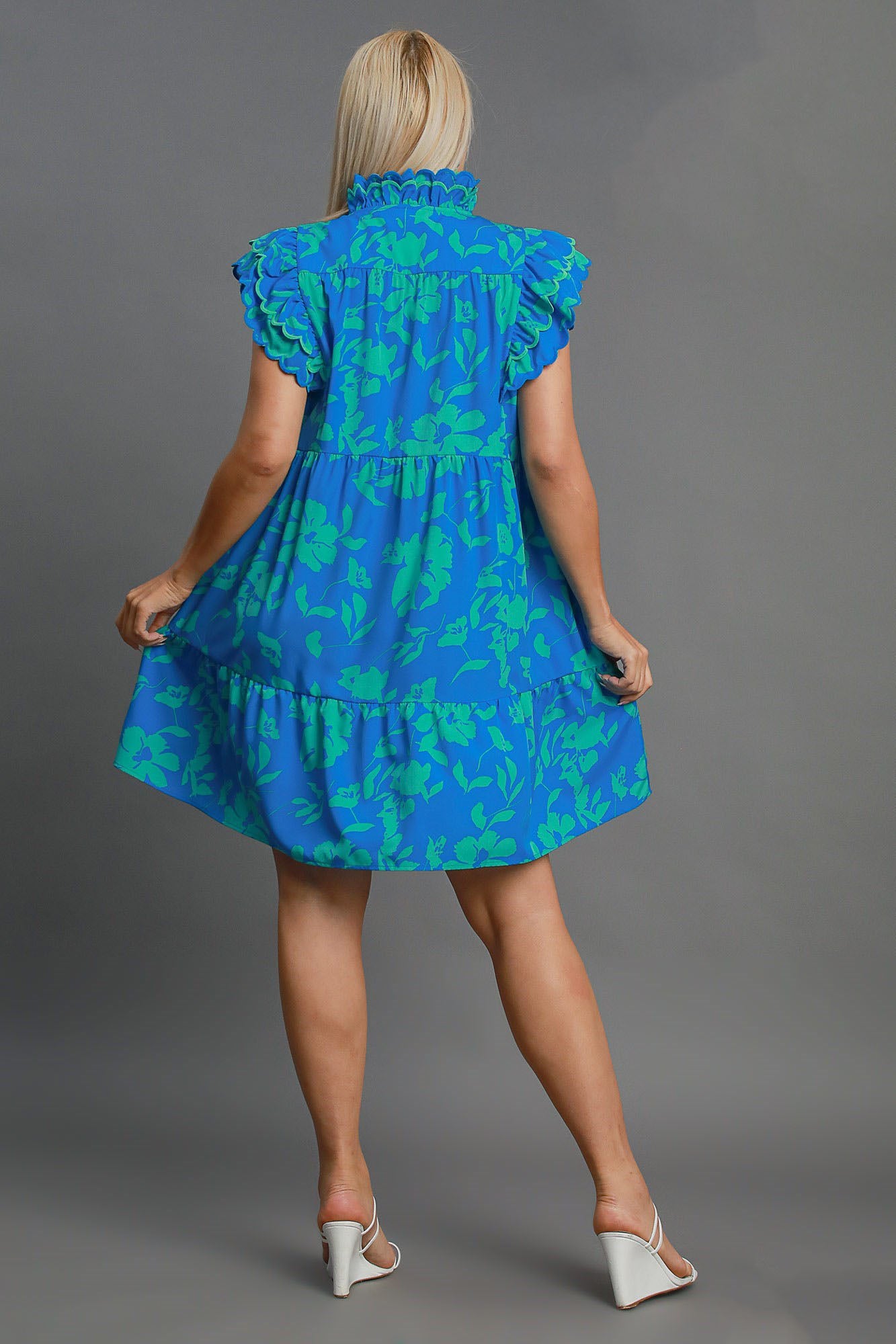 Umgee Full Size Two Tone Floral Print Ruffle Cap Sleeve Mini Dress Plus Size - Clothes For Her Online Store