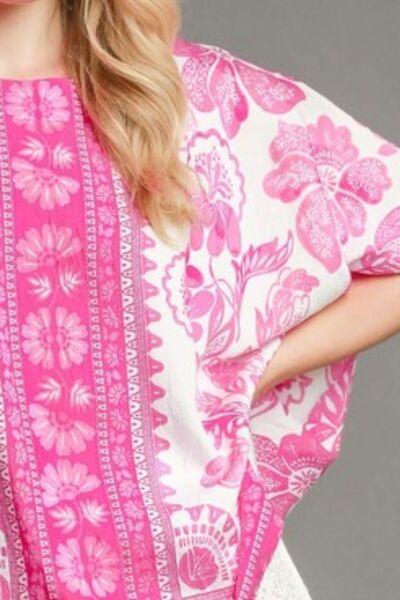 Umgee Full Size Floral Border Print Oversized Top Plus Size - Clothes For Her Online Store