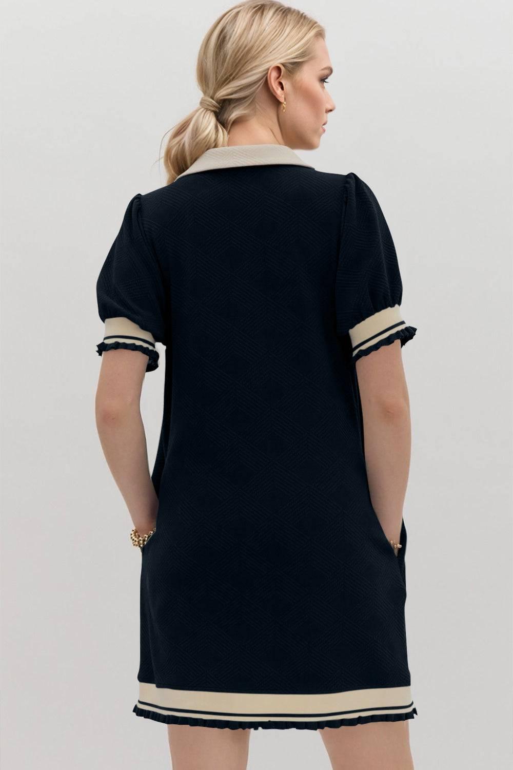 Oh Frill Contrast Trim Johnny Collar Short Sleeve Mini Dress - Clothes For Her Online Store