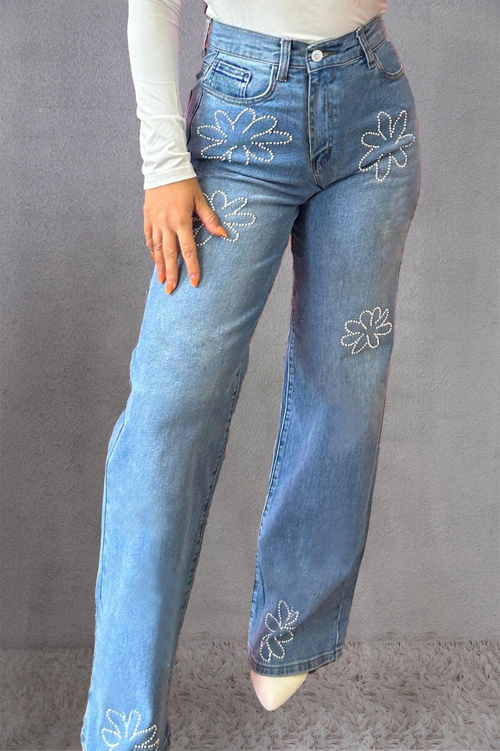 Rhinestone Straight Jeans with Pockets - Clothes For Her Online Store