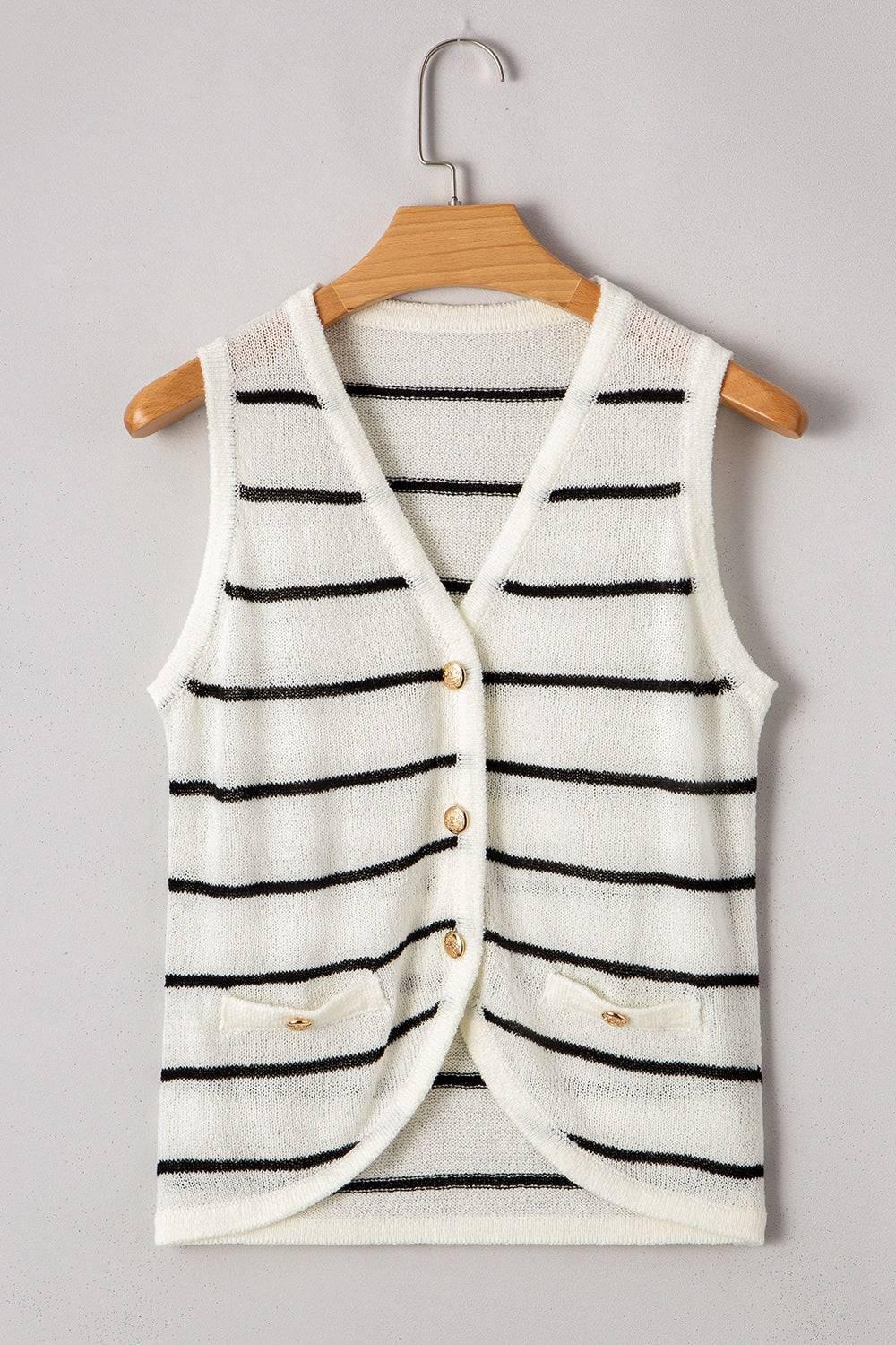 Stripe Button Down V-Neck Sweater Vest - Clothes For Her Online Store
