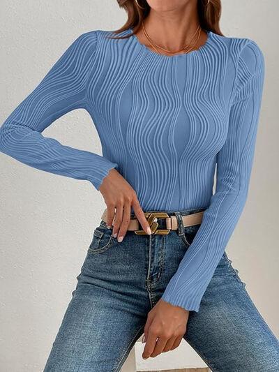 Textured Round Neck Long Sleeve Top - Clothes For Her Online Store