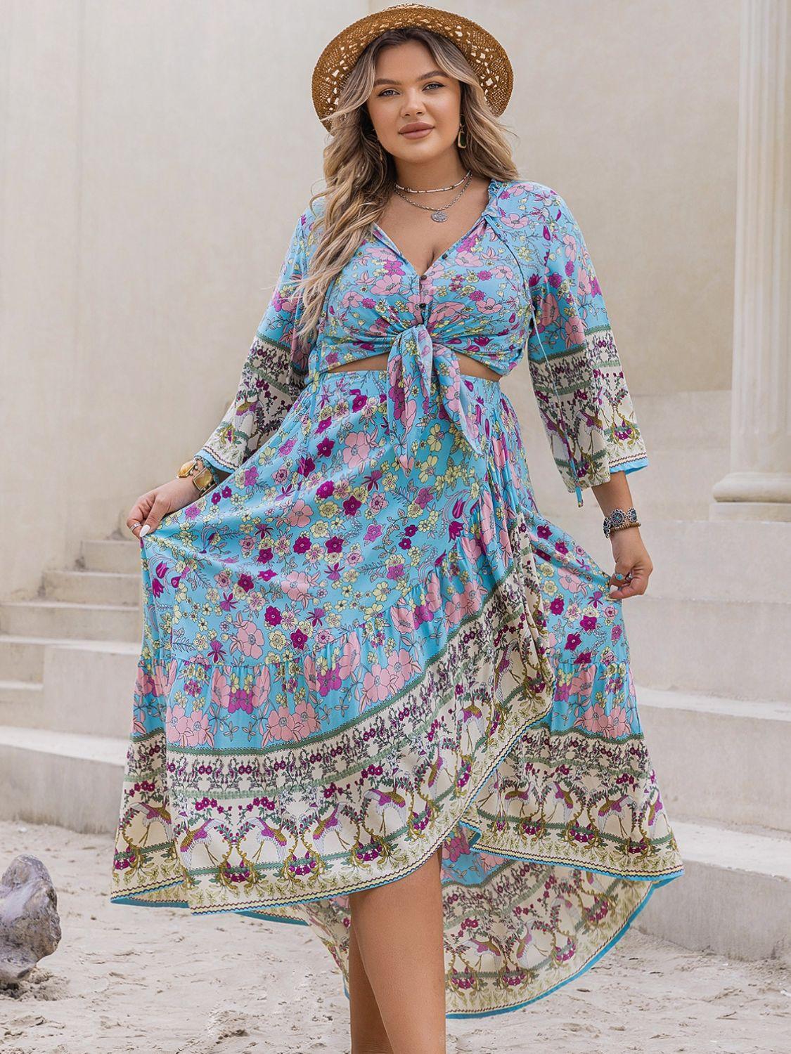 Plus Size Printed Tie Neck Top and Skirt Set - Clothes For Her Online Store