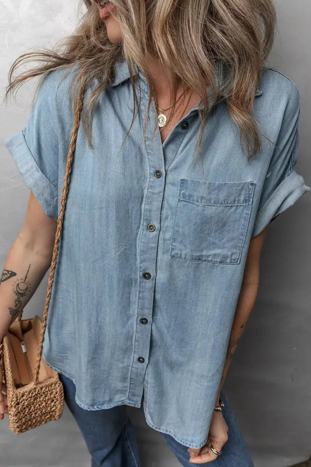 Folded Short Sleeve Patched Pocket Denim Shirt - Clothes For Her Online Store
