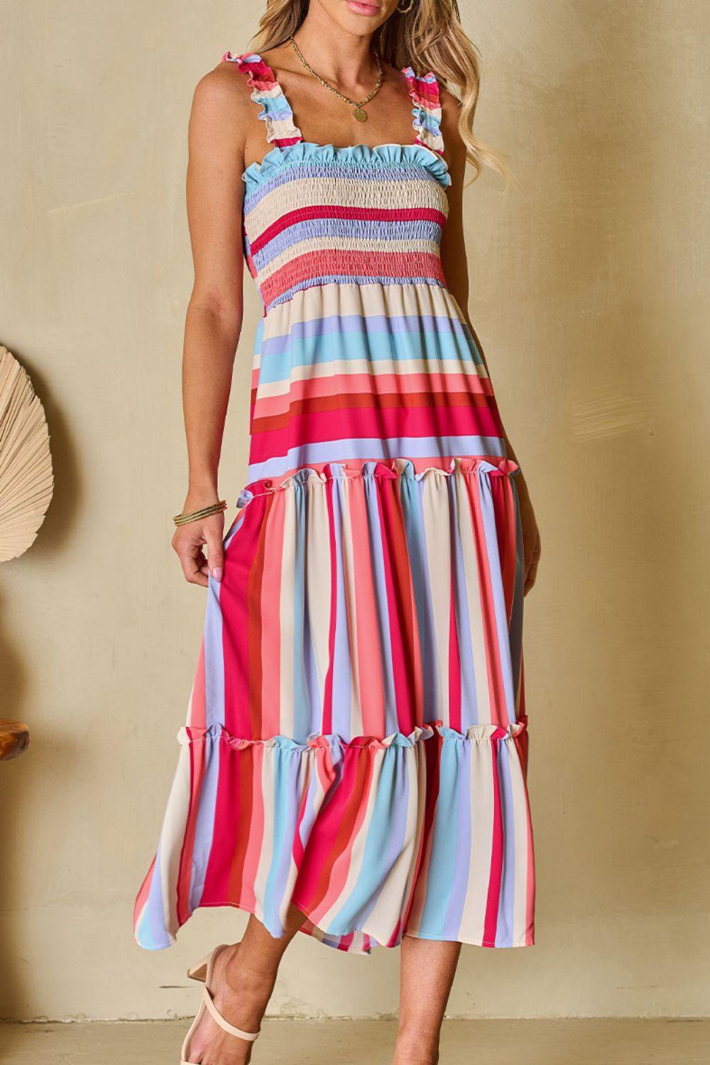Contrast Stripe Wide Strap Smocked Tiered Dress - Clothes For Her Online Store