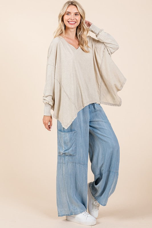 Mittoshop Mineral Wash V-Neck Long Sleeve Oversized Top - Clothes For Her Online Store