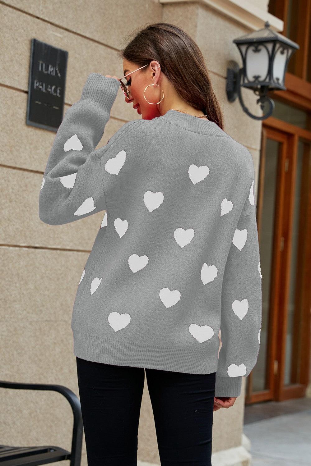 Woven Right Heart Pattern Lantern Sleeve Round Neck Tunic Sweater - Clothes For Her Online Store