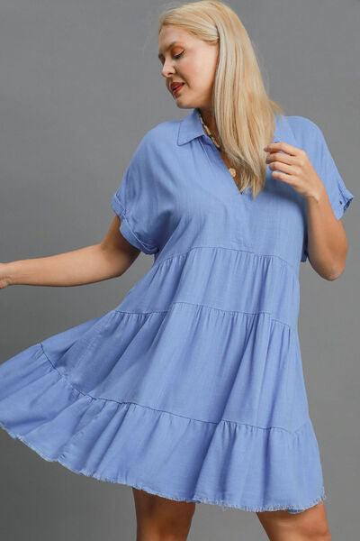 Umgee Full Size Raw Hem Folded Sleeve Tiered Dress Plus Size - Clothes For Her Online Store