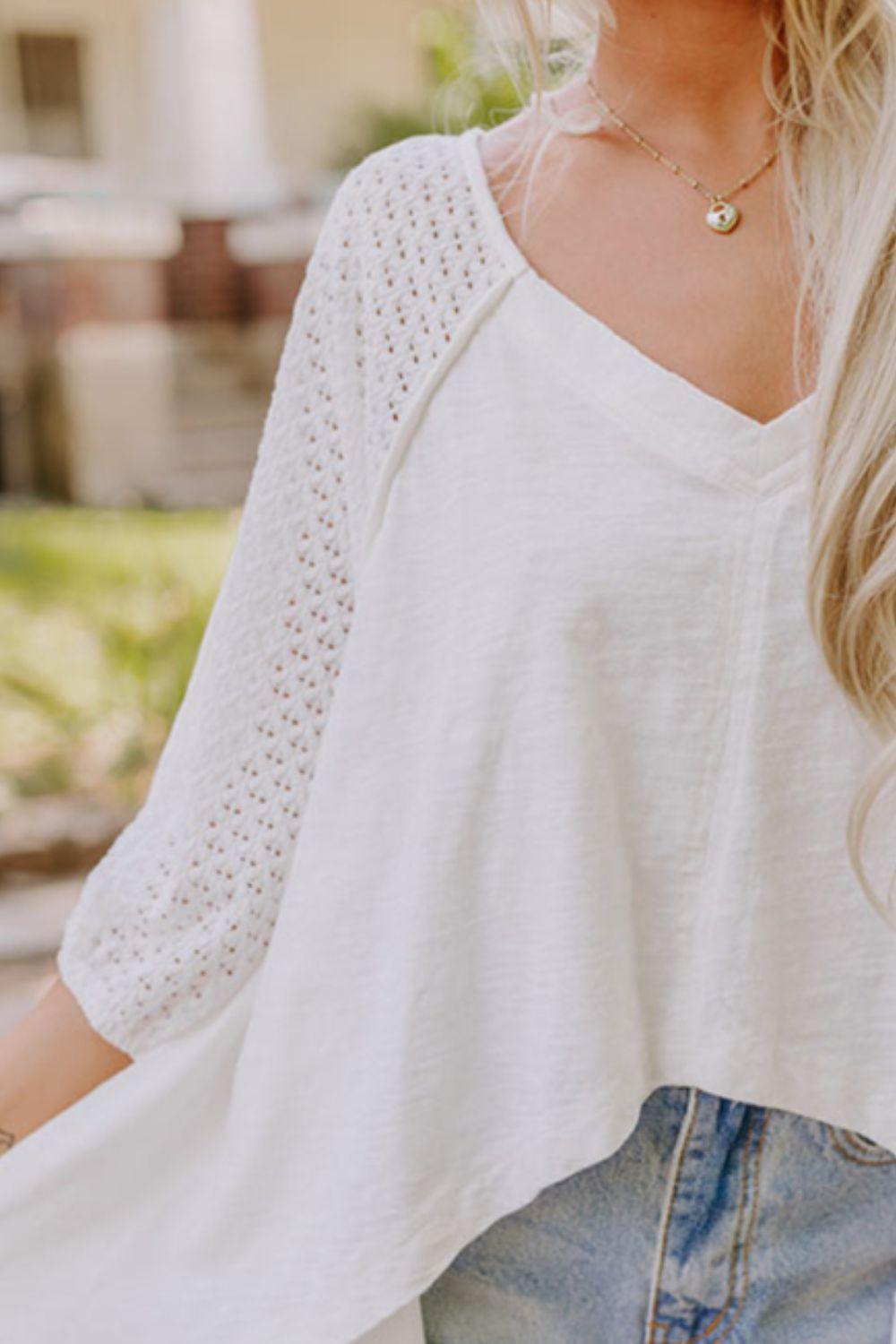 Openwork High Low Hem V Neck Oversized Top - Clothes For Her Online Store