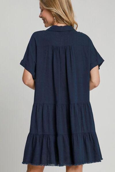 Umgee Full Size Raw Hem Folded Sleeve Tiered Dress Plus Size - Clothes For Her Online Store