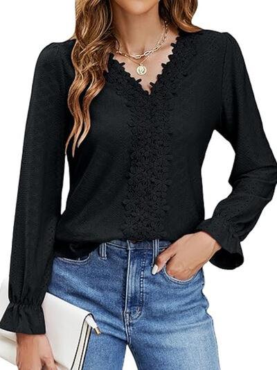 Lace Detail Eyelet V-Neck Flounce Sleeve Blouse - Clothes For Her Online Store