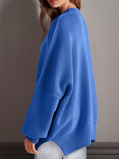 Double Take Side Slit Round Neck Long Sleeve Sweater - Clothes For Her Online Store