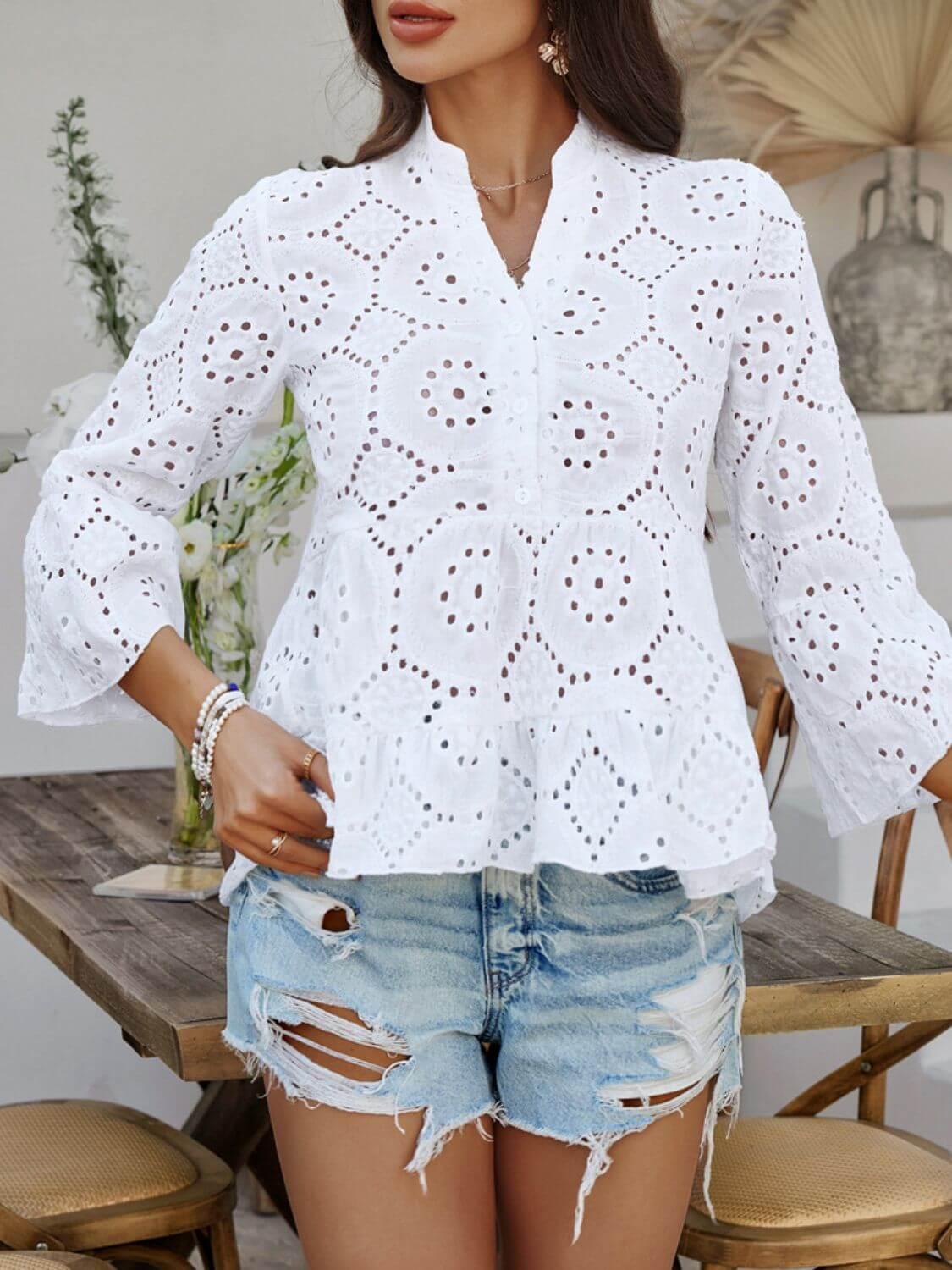 Devine Half Button Flounce Sleeve Peplum Blouse - Clothes For Her Online Store