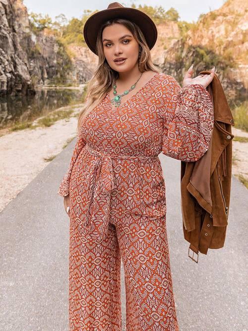 Plus Size Printed V-Neck Tie Front Balloon Sleeve Jumpsuit - Clothes For Her Online Store