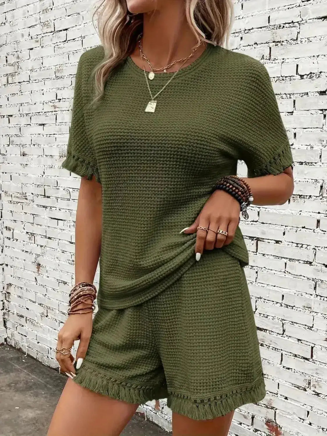 Tassel Round Neck Top and Shorts Set - Clothes For Her Online Store