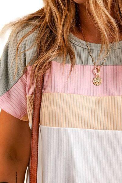 Plus Size Color Block Round Neck Short Sleeve T-Shirt - Clothes For Her Online Store