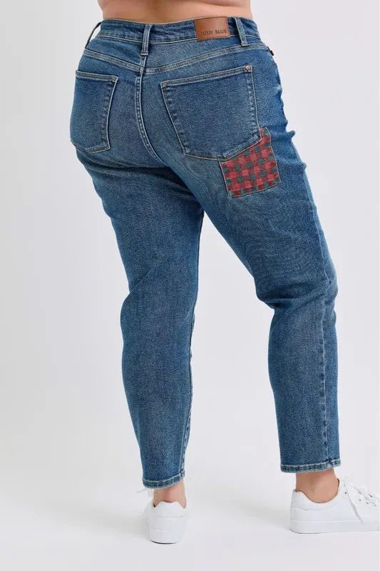 Judy Blue Full Size HW Plaid Patch Slim Fit Jeans Plus Size
